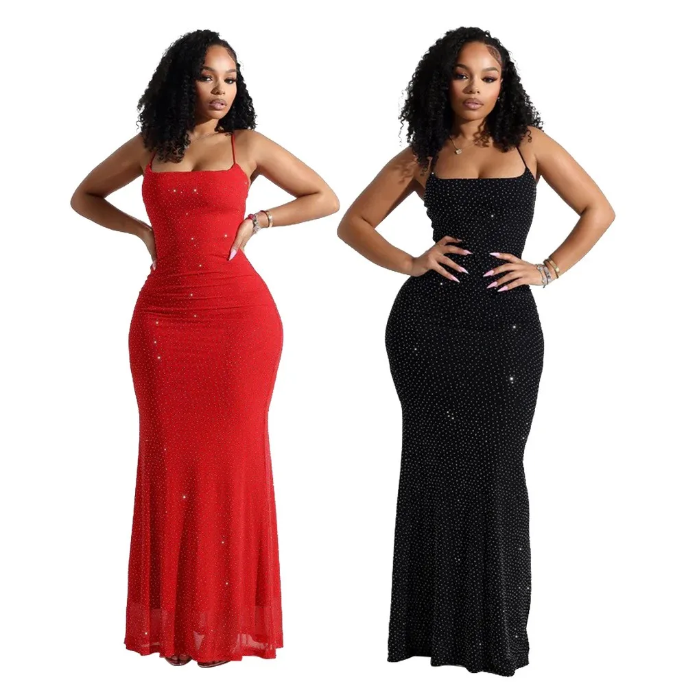 

Sexy Nightclub Party Dance Gathering Club Banquet Solid-Color Spaghetti-Strap Rhinestone-Embellished Polyester Mesh Dress Bodyco