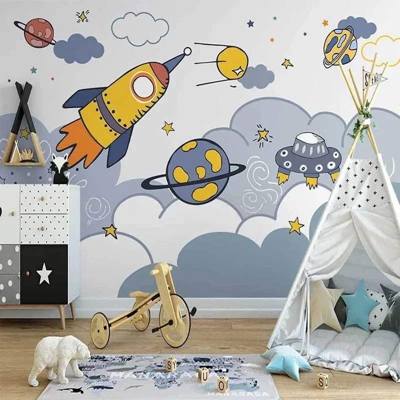 3D Wallpaper Nordic Ins Hand-painted Cartoon Rocket Space Starry Sky Children's Room Background Wall Decor Papel De Parede Sala