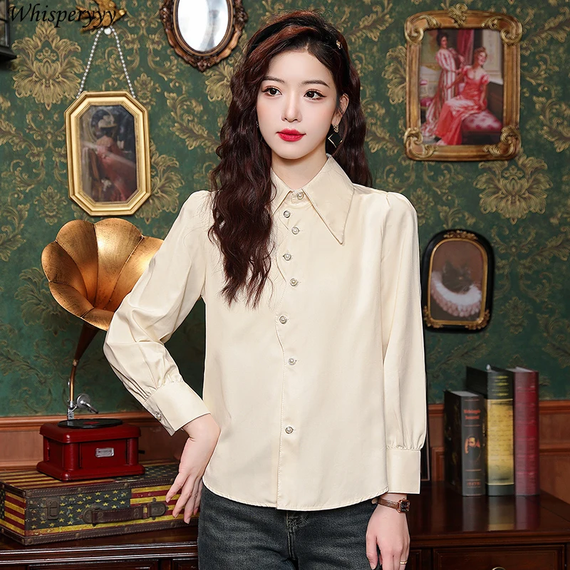 Long-sleeved Shirt Women's Fashion Button Tops Spring Autumn Vinatge Solid Color Blouse Femmes Turn-down Collar Casual Camisas