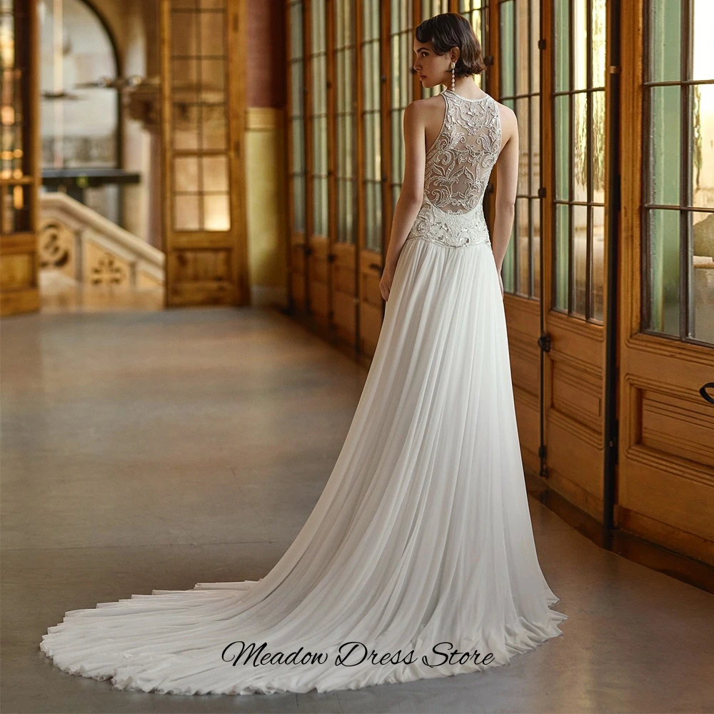 Sparkly Beading Sequined Bridal Gowns Classic Customized O-Neck Sleeveless Wedding Dress Soft Chiffon A-Line Vestido De Novia image 2