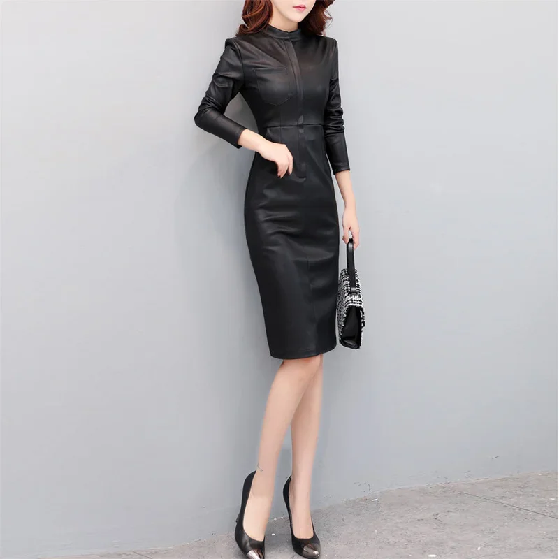 2024 Fall Winter Plus Size Velvet Dress Korea Fashion Women Sexy Knee-length Dress Long Sleeve Zip Pu Leather Bodycon Dress