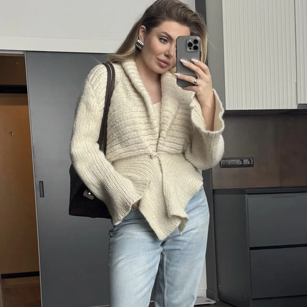 

Talenza White Vintage Knit Sweater Cardigan For Women Hollow Out Loose Elegant Autumn 2025 Cover up Knitwear Female Cardigan Top