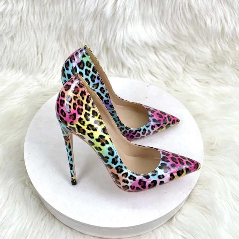 Ke Shang Jia Color Leopard print Dot Women Patent Leather Pointy Toe Stiletto High Heels Ladies Slip On Pumps Printed Party Shoe