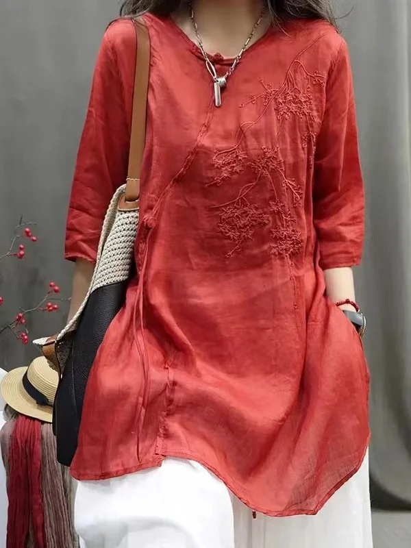 

Summer Casual Loose Cotton Shirt Pure Color Embroidery Button up V-Neck Women's Top Comfortable Breathable Vintage Style