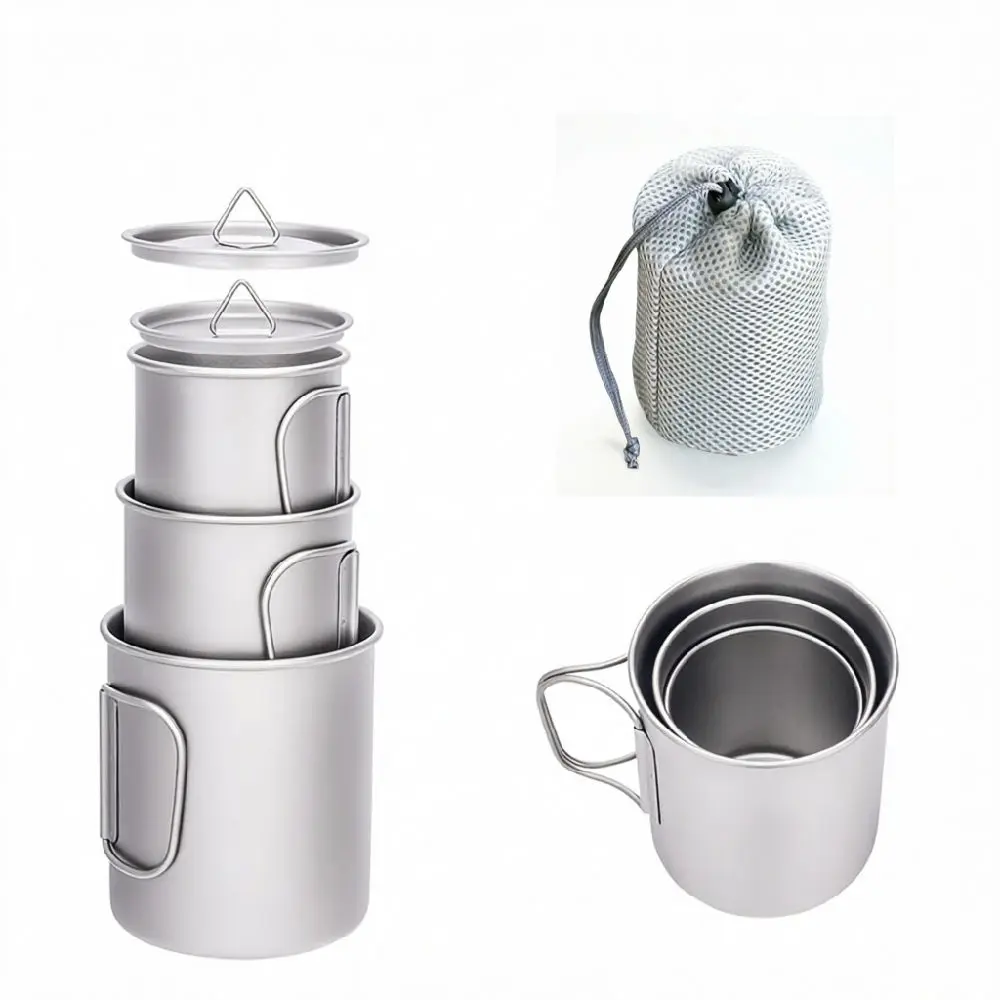 

Ultralight 3Pcs Titanium Camping Mug Set Stackable Foldable Handle 220ml/380ml/550ml for Outdoor Hiking Travel Backpacking
