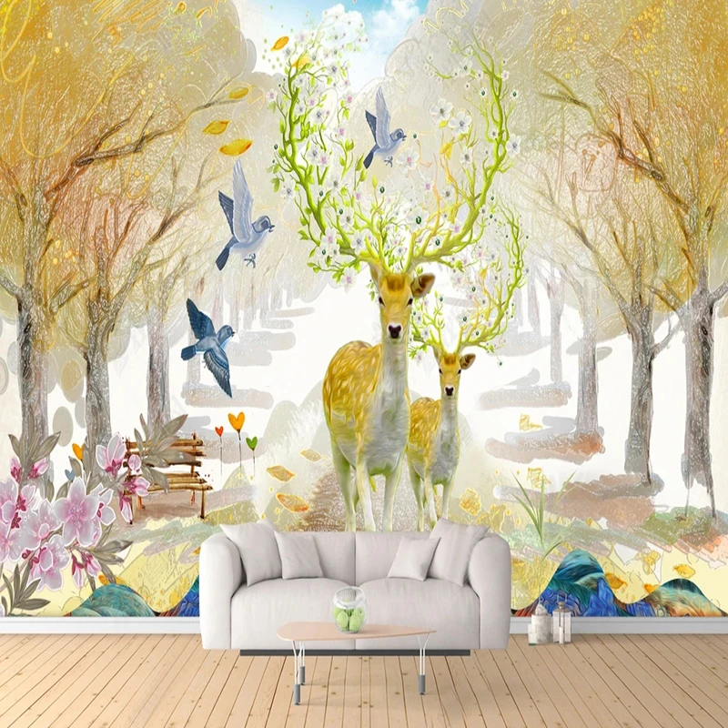 

Custom 3D Waterproof European Landscape Oil Painting Cartoon Forest Elk Bedroom TV Background Wall Decoration Papel Tapiz