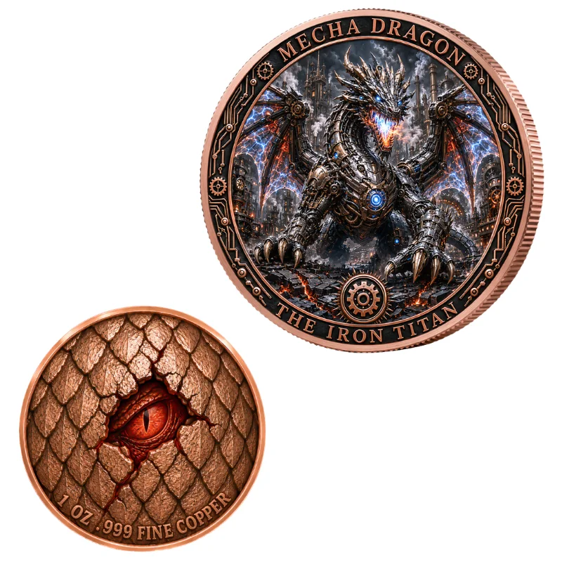 1oz .999 Fine Copper Round Steampunk Mecha Dragon Iron Titan Robot Gears City Colorized Eye Scales Art Collectible Medal Gift