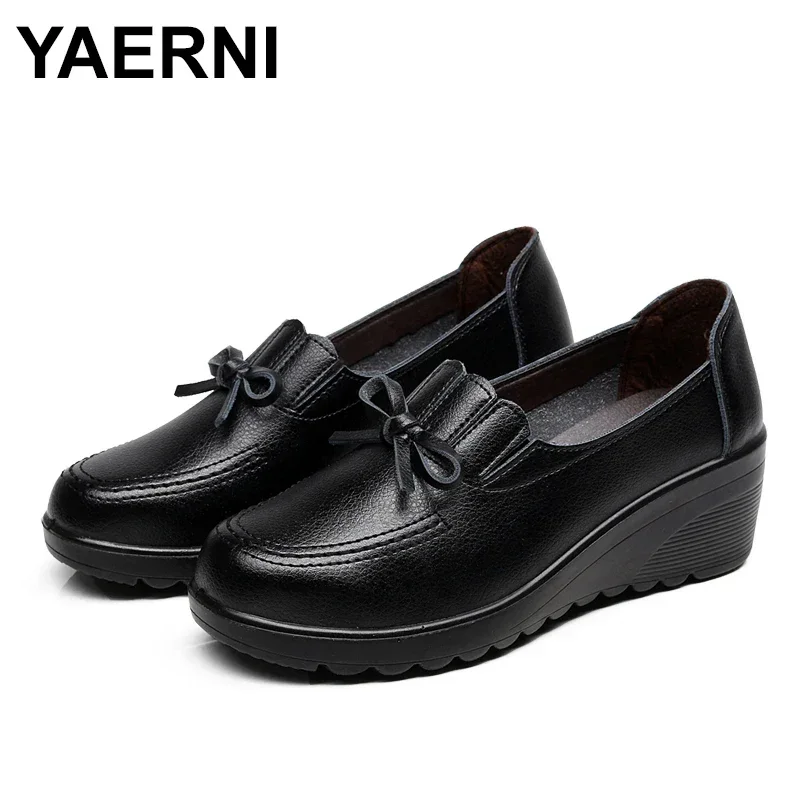 YAERNI autumn new fashion lace-up women high heels shoes woman wedge leather single casual shoes comfortable women pumps 35-41