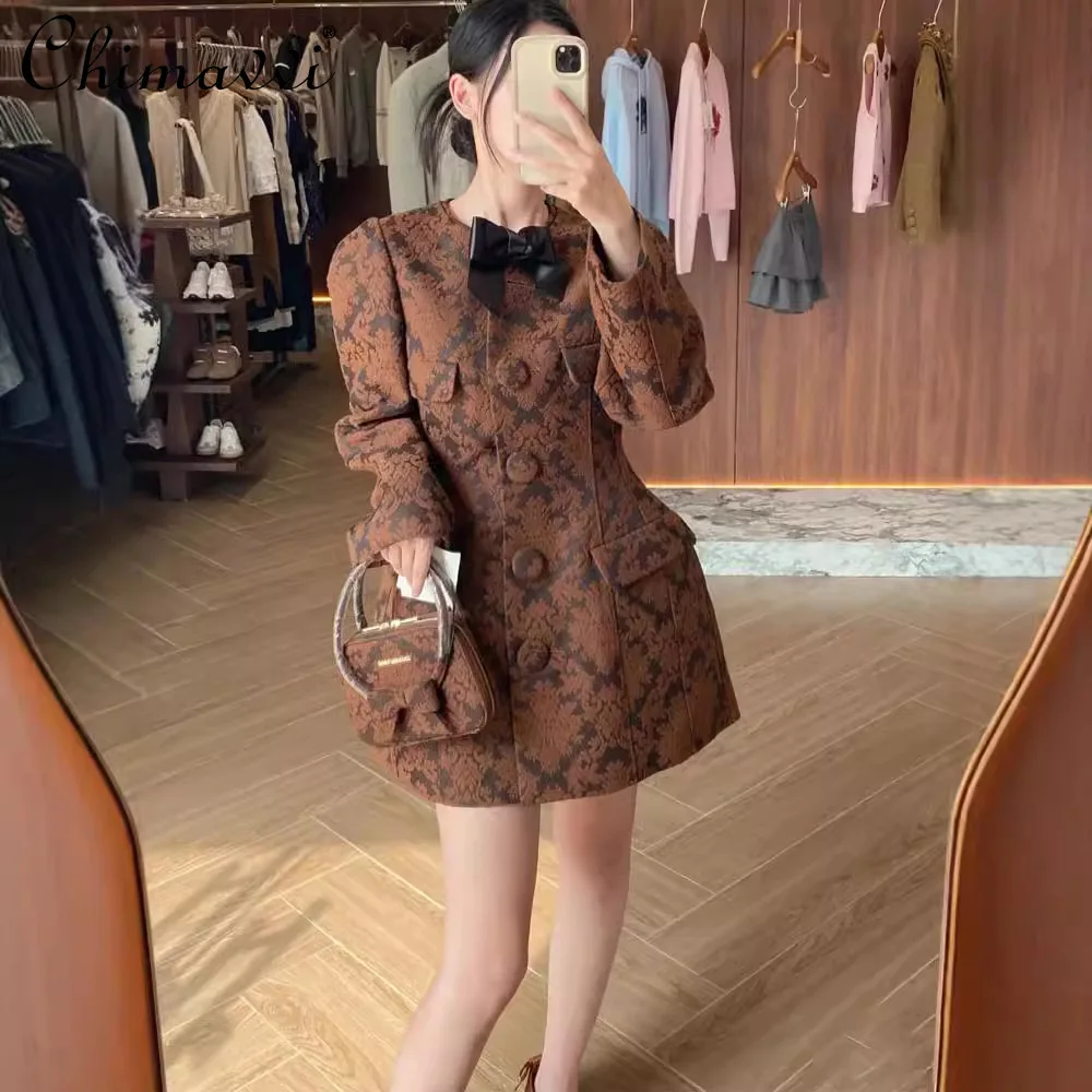 

Vintage Jacquard OL Jacket Autumn and Winter New Fashion High-end Crew Neck Long-sleeved Temperament Mid-length Thick Coats