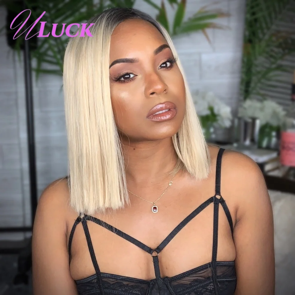 Parrucca Bob diritta con osso doppio disegnato Uluck Parrucche per capelli umani Remy 1b 613 Colore biondo 200% Densità 13x4 Parrucche frontali in pizzo da indossare per andare