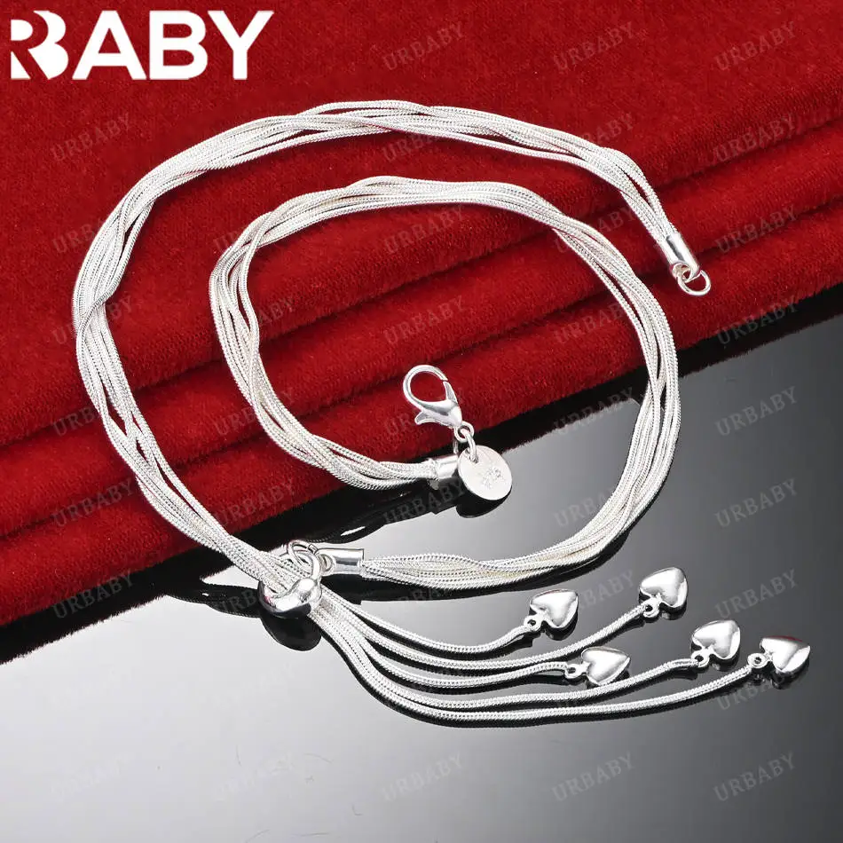 

URBABY 44cm 925 Sterling Silver Heart Tassel Snake Chain Necklace For Women Wedding Engagement Party Jewelry Gifts