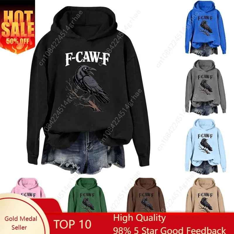 

Crow F-Caw-F Hoodie Sweatshirt, Funny Crow Black Bird Graphic Long Sleeve Pullover Top Drop Shoulder Fall Winter Outfits