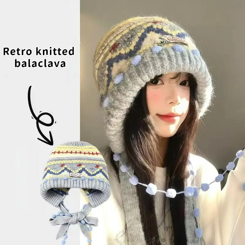 Women's Soft Fuzzy Knitted Winter Beanie Vintage Pattern Cute Pom Pom For Cold Weather Outdoor Daily Wear