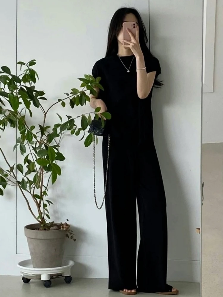 Neploe 2024 Summer New Sleeveless Mid-length Tops Women+ High Waist Loose Wide Leg Pants Y2k Black Knitted Two Piece Sets