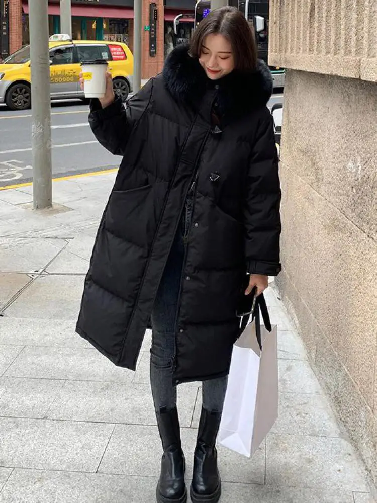 

Korean Version Winter New Black Beige Hooded Down Cotton Jacket Coat Thick Long Parkas Women Red Loose Vacation Overcoat Casual