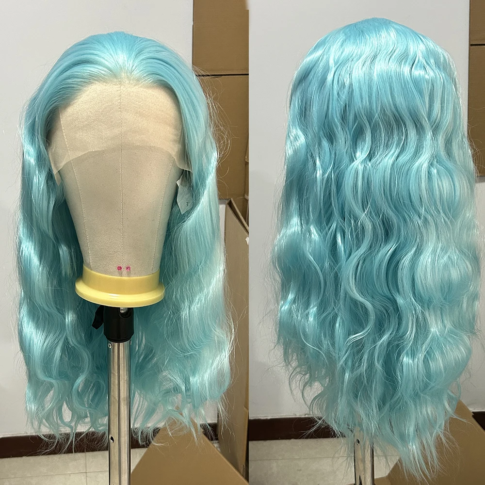 Blue Long Natural Wave Lace Wig Synthetic Hair Loose Curl Wig Synthetic Lace Front Wig for Women Blue Wig Ready to Wear Cosplay