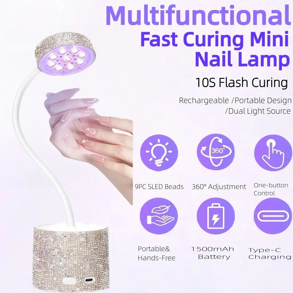 مصباح أظافر صغير قابل لإعادة الشحن 360 °   مجفف LED بالأشعة فوق البنفسجية قابل للدوران، مستشعر ذكي، مؤقتين، ضوء معالجة حجر الراين المحمول لتلميع الجل