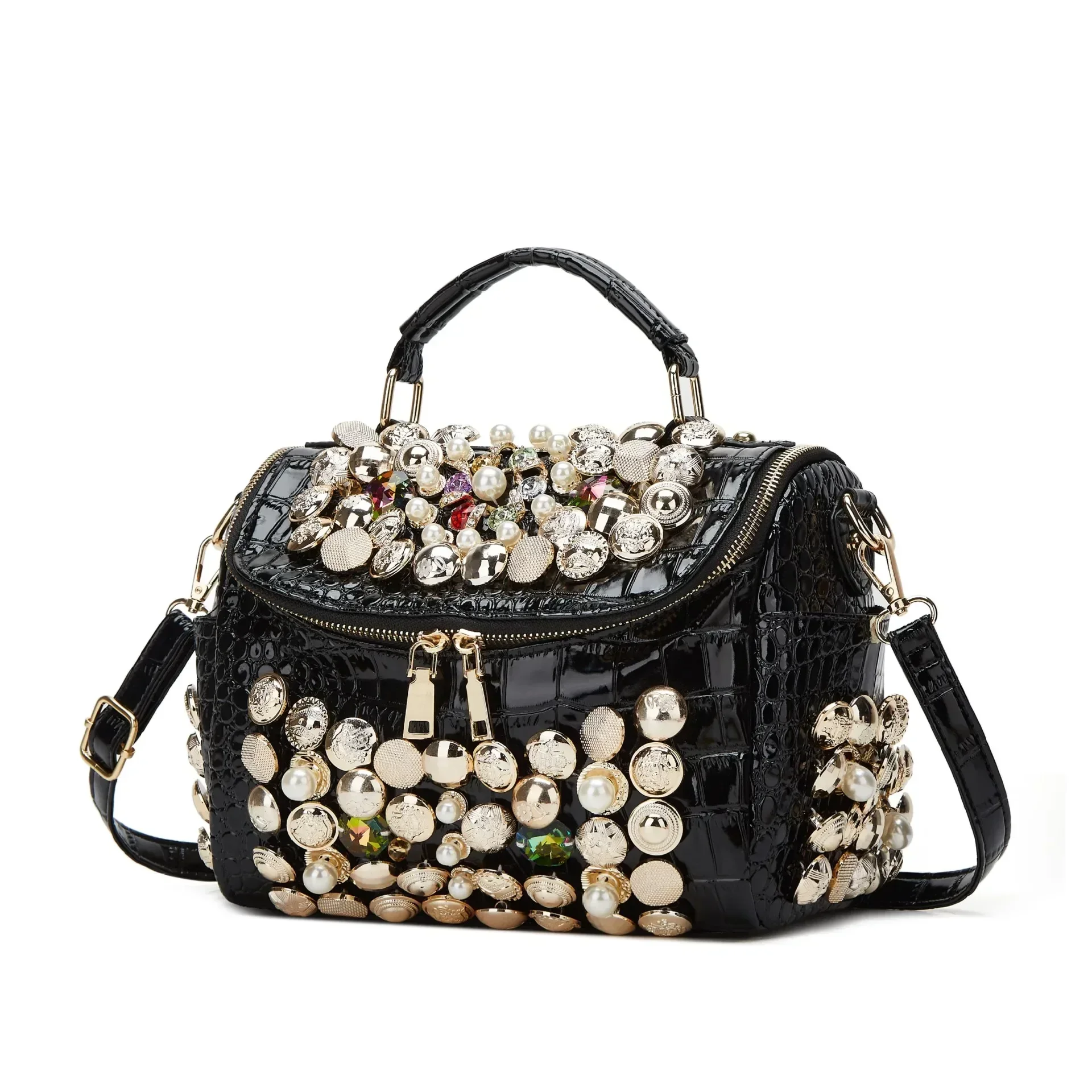 

Ladies' fashionable and elegant pearl decorated handbag with large capacity crocodile pattern shoulder bag