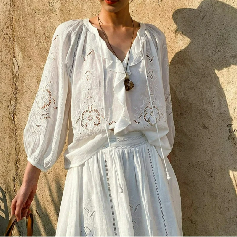 

Boho Vintege Embroidery Women Blouse Shirt White Spring Summer 100% Cotton Long Sleeve Casual Hollow Out Ladies Vacation Top New