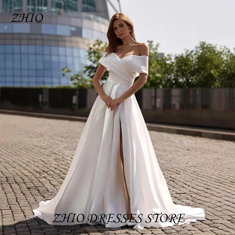 

ZHIO Stunning Off The Shoulder Wedding Dress Floor Length Side Slit A-Line To Measures Robe Back Beach Customied Vestidos
