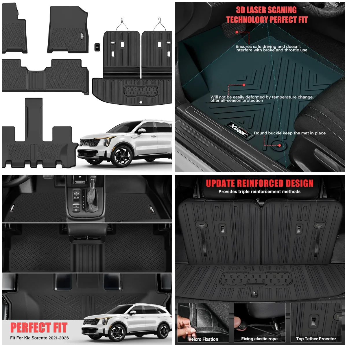 

Floor Mats for 2021-2026 Kia Sorento 6/7 Seats Hybrid - All Weather TPE Rubber Cargo Liner with Backrest & Back Seat Cover