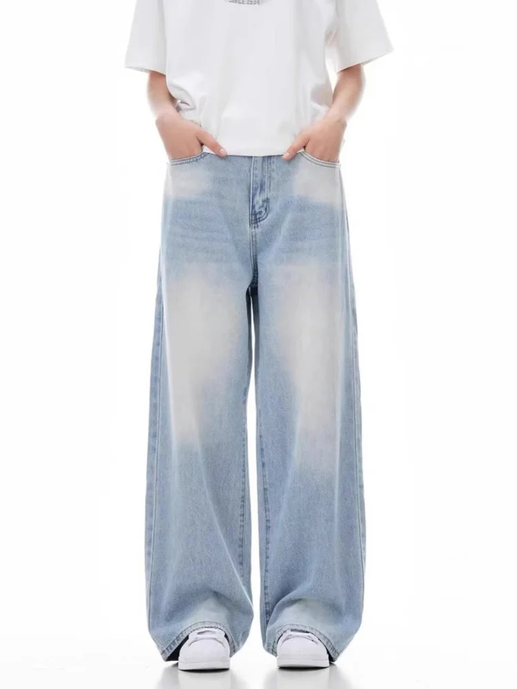 

Retro American Washed Blue Jeans Men's New Style Summer Autumn Casual Loose Straight Leg Long Pants Breathable Straight Tube