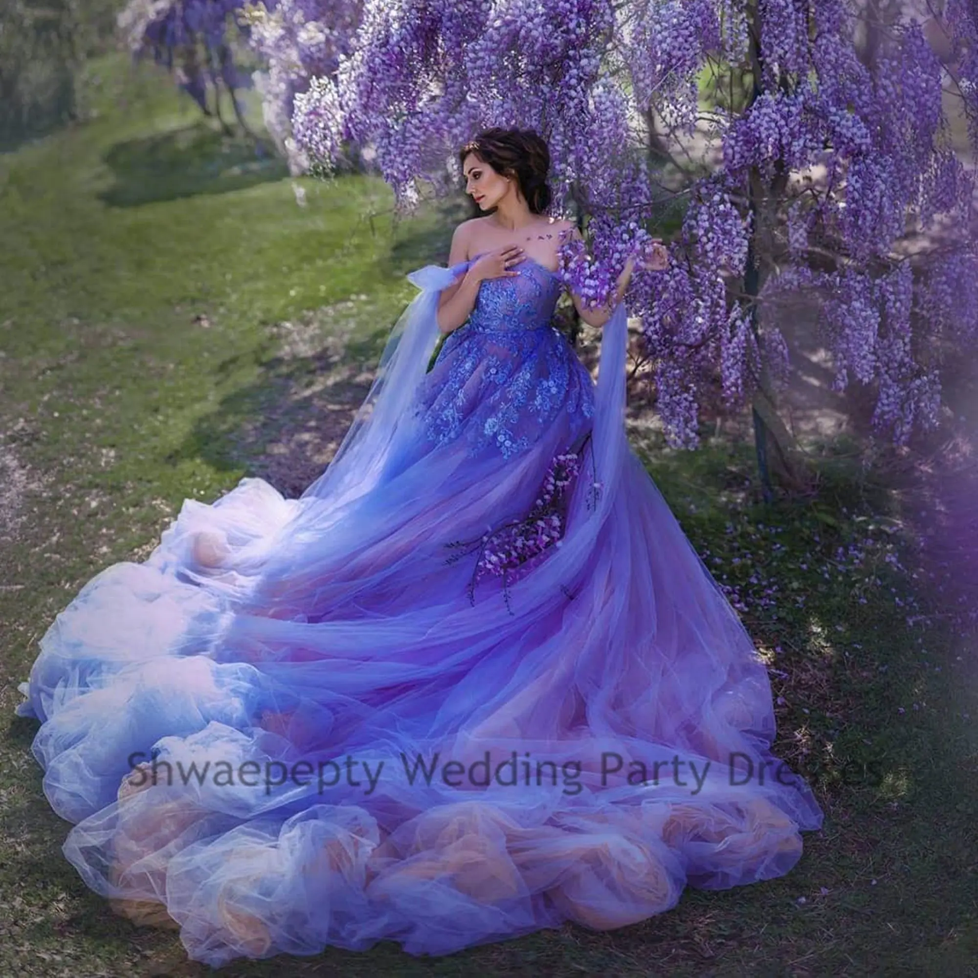 Pastrol Lavendel Tulle Trouwjurk Off Shoulder Lange Lint A-lijn Tuin Bruidsjurken Fotografie Bruid Dress 2023 Robe