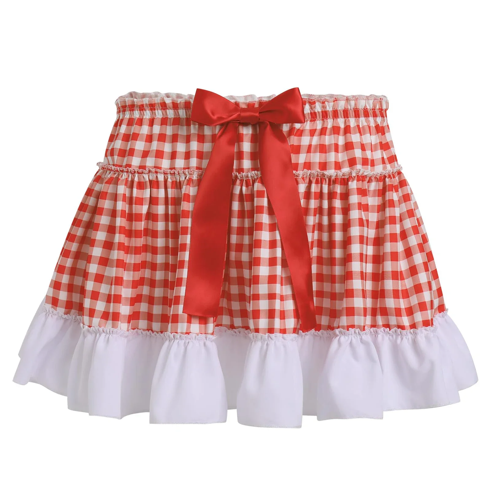 Women's Gingham Short Skirt Pleated Bowtie Ruffle A Line Plaid Mini Skirt Halloween Cosplay Dorothy Costume Micro Sissy Skirts