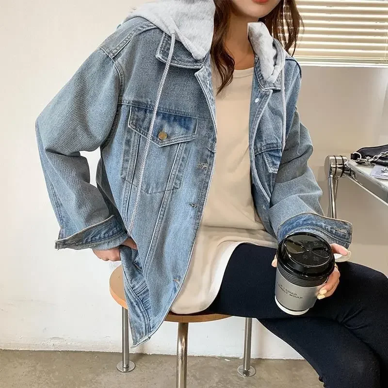 

Korean Style Student Top Fashion Outerwear Spring Autumn Short Denim Jacket Women's Long Sleeve Slim Fit Hooded Denim Coat