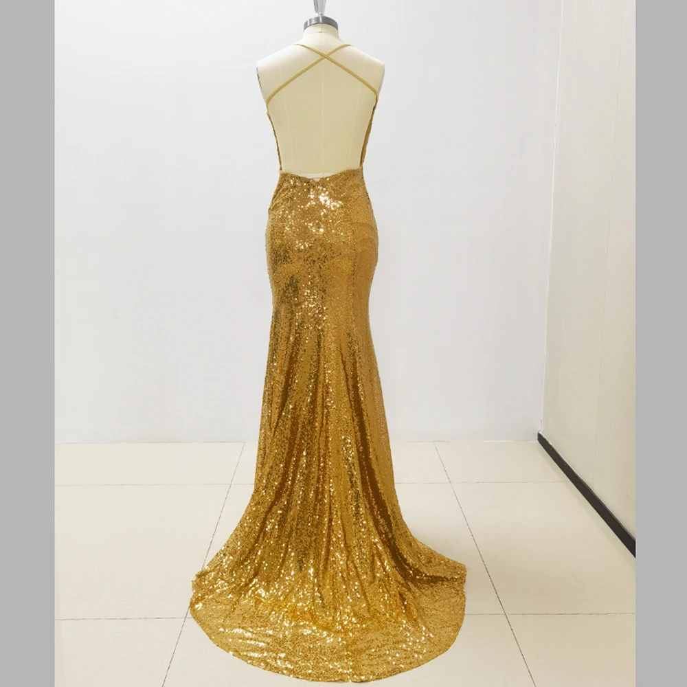 Pretty Women Golden Prom Dresses Sleeveless Sequined Floor Length Mermaid Sweetheart Sexy Backless Gown Special Occasion Dress