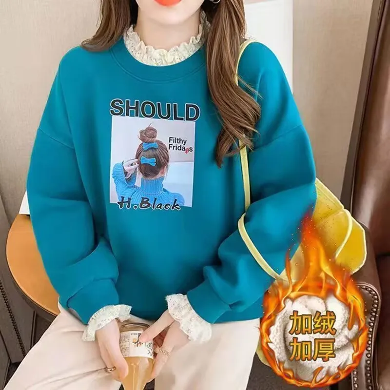 Sudaderas con capucha para mujer, estilo coreano 2025, Otoño Invierno, encaje de retales, Sudadera con capucha de lana, jerséis para mujer, Tops, sudadera informal para estudiantes