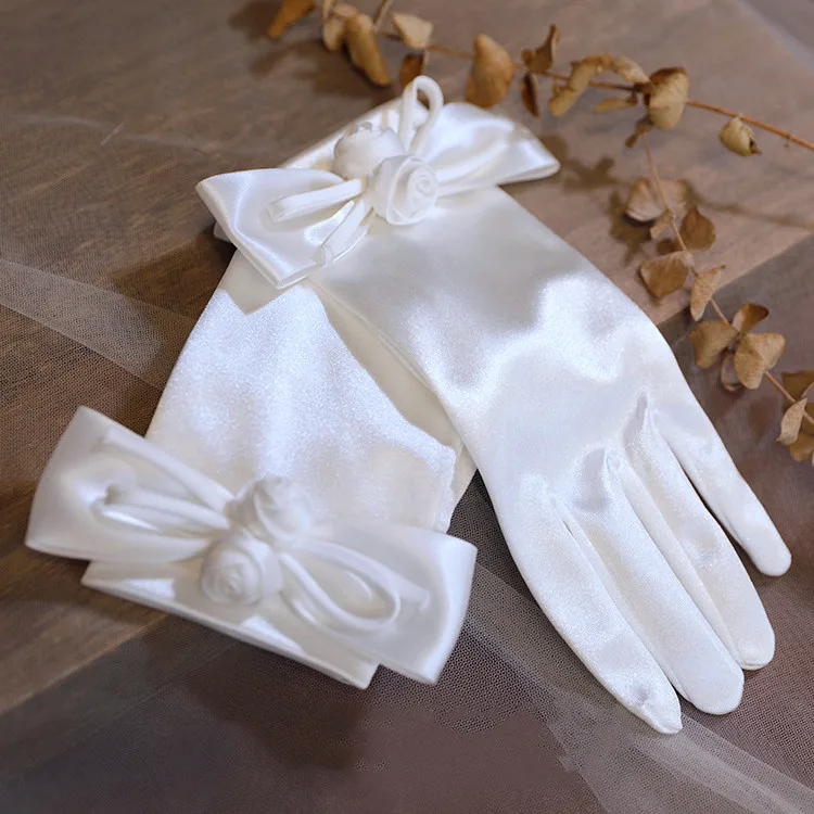 Women's Elegant Flower Bow White Satin Glove Female Spring Summer Vintage Sunscreen Driving Photograph Party Glove R2374