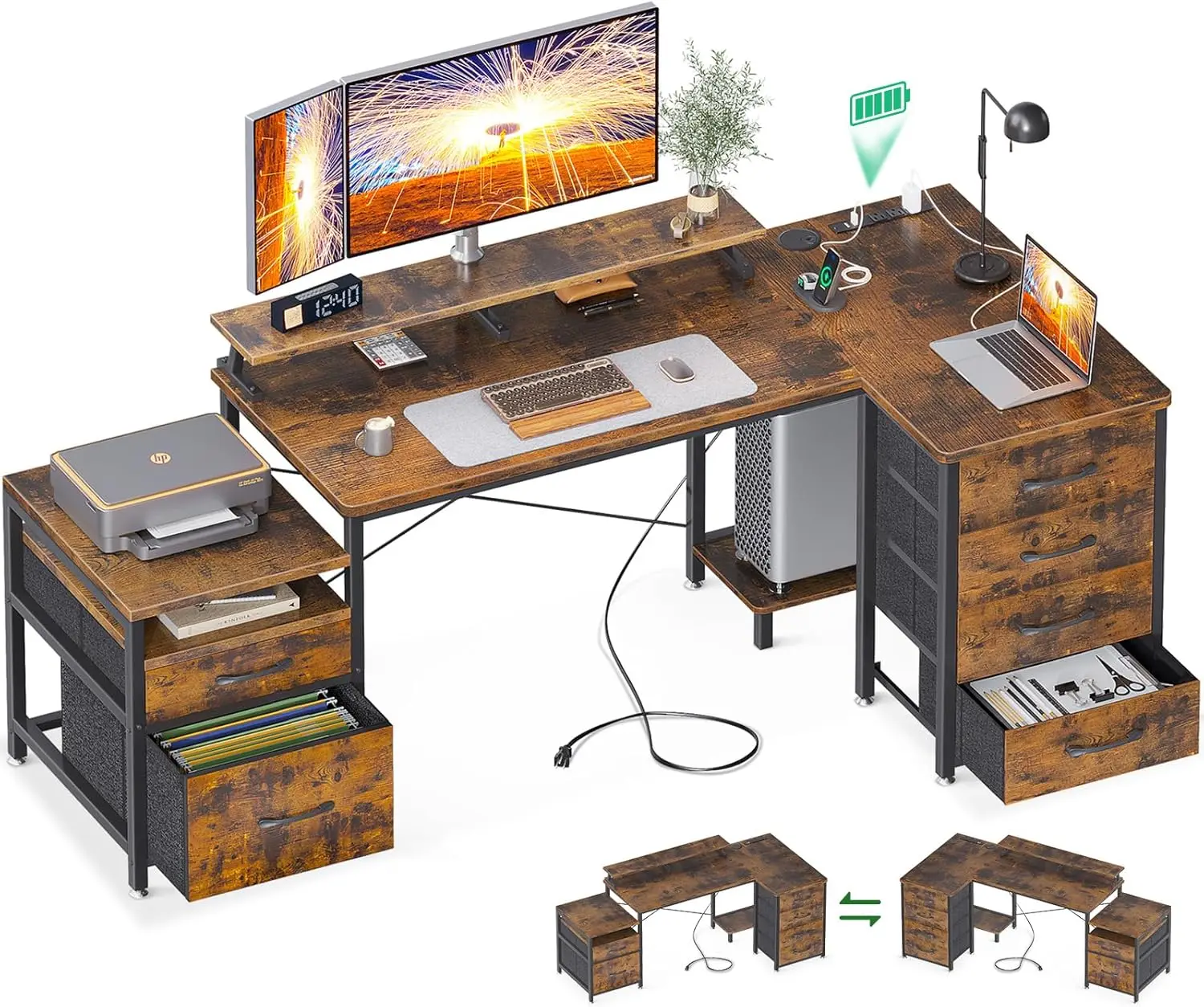 

AODK L Shaped Desk with 6 Drawers & Power Outlet, 72 Inch Computer Desk with File Drawer & Printer Storage Shelves, Reversible