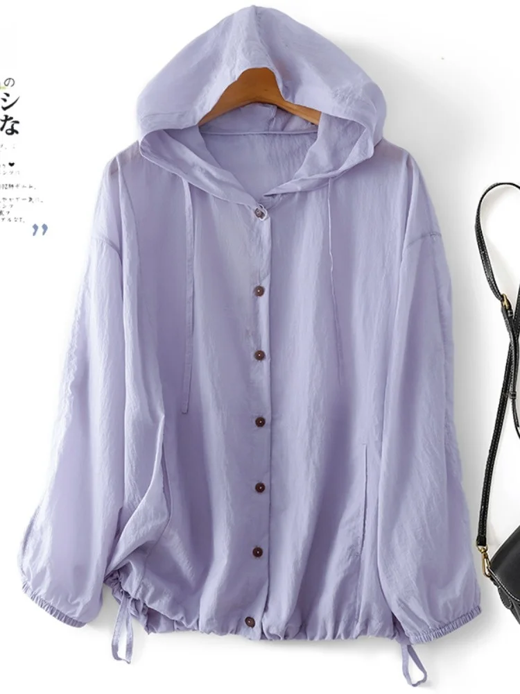 Summer Thin Cool Feeling Ladies Casual Long Sleeve Hooded Sun Protection Outerwear Breathable Air Conditioning Top