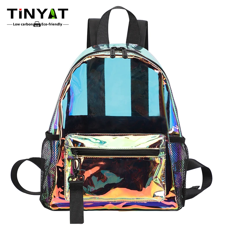 TINYAT Large Capacity Women's Shoulder Bag Laser Colourful Backpack Clear Schoolbag for Travel Concerts and Party