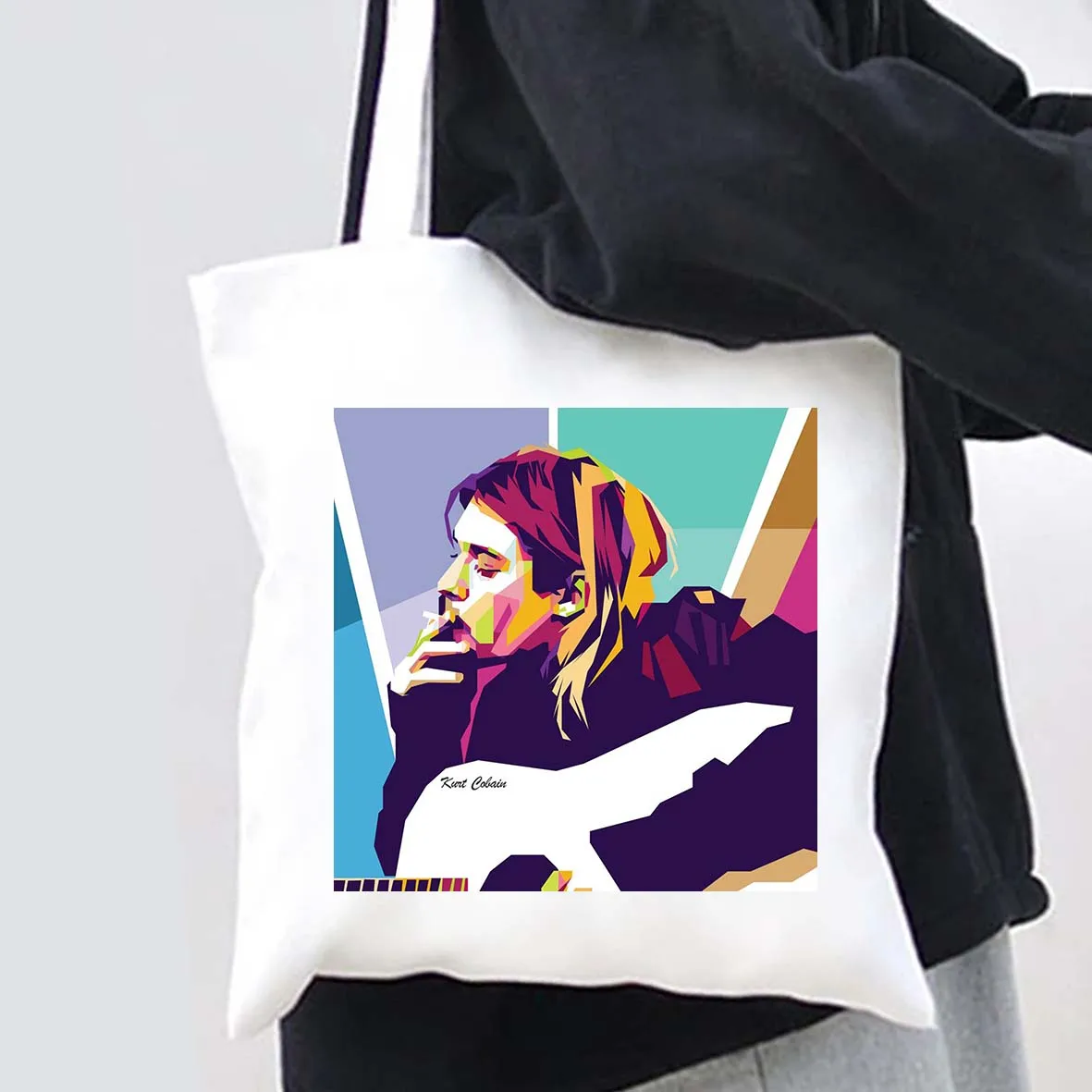 Singer Kurt Cobain Portrait Pop Poster Rock Roll Music Retro Vintage Men Women Canvas Shoulder Tote Bag Shopper Shopping Handbag