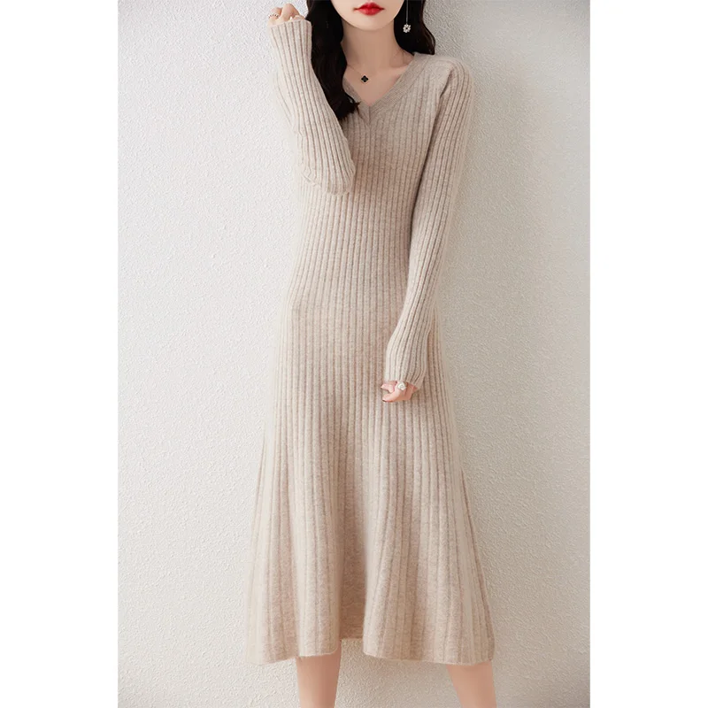 

Women's Cashmere Round Neck Pullover Skirt, Long Loose Wool Sweater, Knitted Shirt Top, Monochromatic, New, 2022