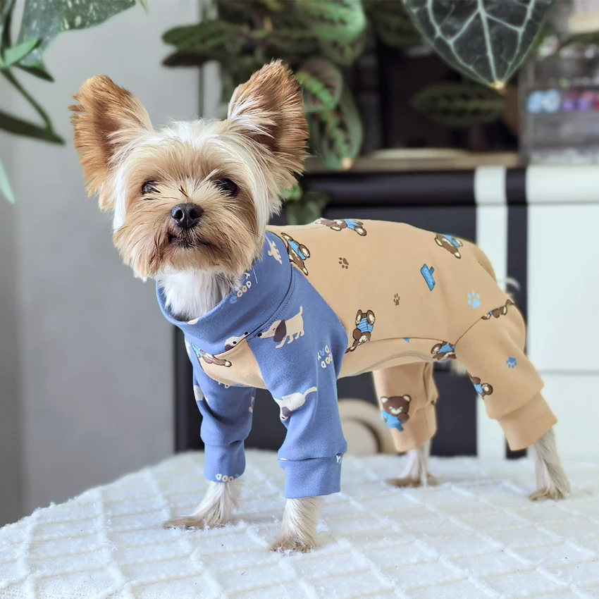 

Cotton Puppy Clothing Rompers Home Wear Cute Bear Print Four Feets Wrap Belly Jumpsuits For Small Medium Dog Poodle Pet Clothes