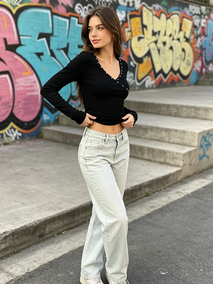 Trendy E-girl Ladies Ribbed Knit Long Sleeve T-Shirt Irregular Wrap V Neck Metal Stud Decor Slim Fit Short Daily Casual Crop Top
