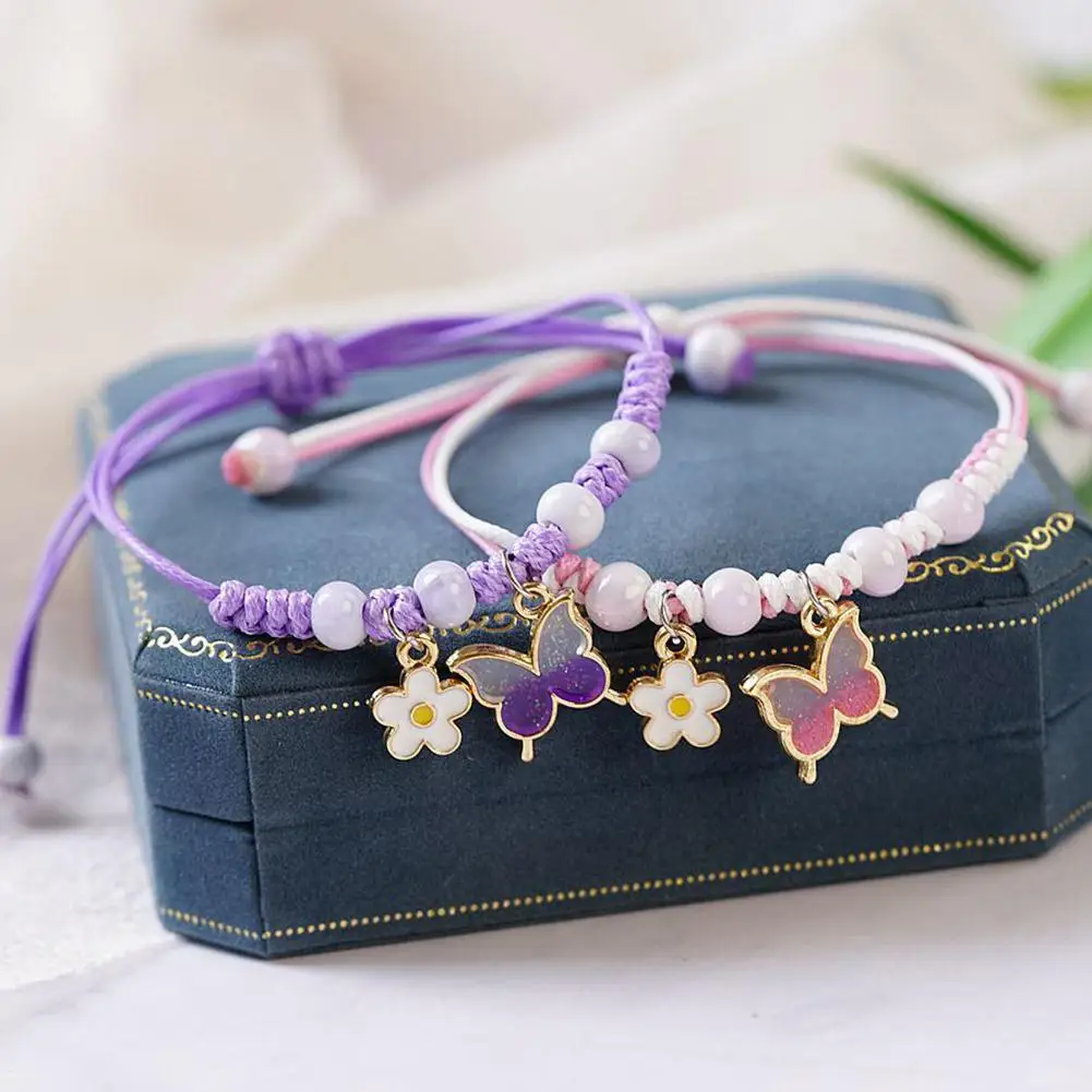 Fashion Handmade Purple Butterfly Flower Bracelet For Women Charm Sweet Pendant Braided Bracelets & Bangle Jewelry