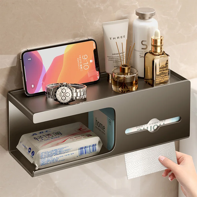

Stainless Steel Wall Mounted No Drill Toilet Paper Holder Bathroom Tissue Roll Paper Napkin Paper Rack Storage Shelf