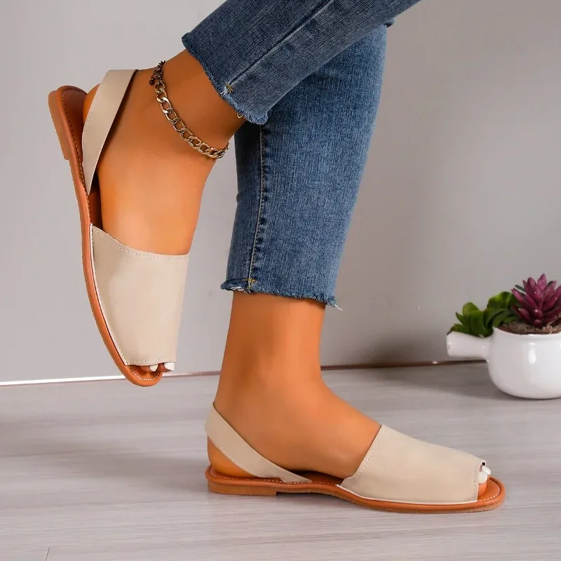 Sandalias de tacón bajo con punta abierta para mujer, zapatos informales de boca baja, Color liso, para exteriores, novedad de verano, 2024