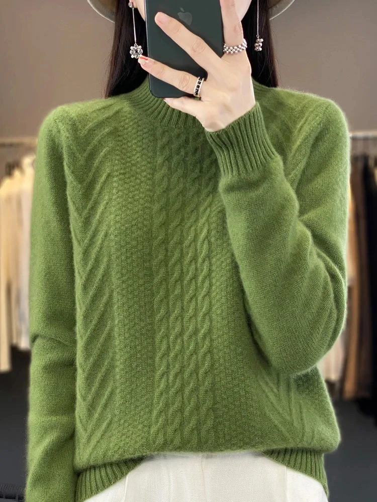 

Merino Wool Sweater for Women, Mock Neck, Thick Warm Pullover, Twist Flower, Long Sleeve, Cashmere Knit, Korean Fashion, Winter