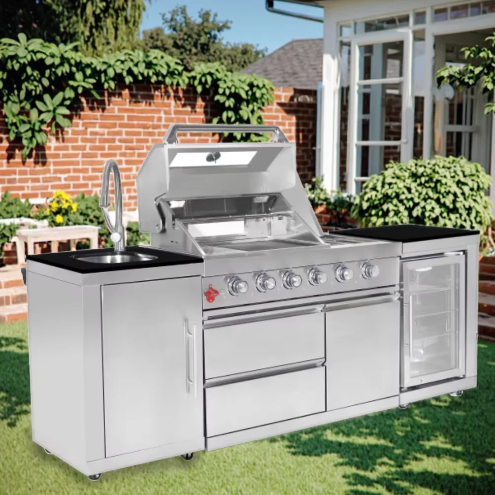 Luxurious SS304 Outdoor Kitchen Set Mini BBQ Station 4-Burner Gas BBQ Grill Refrigerator Sink Perfect for Outdoor Cooking