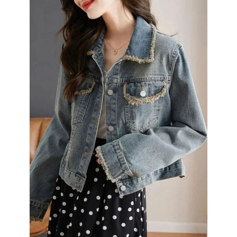 Female Spring  Autumn New Small Design Feeling Harbor Wind Jacket Women's Clothing American Vintage Raw Edge Short Denim Coat