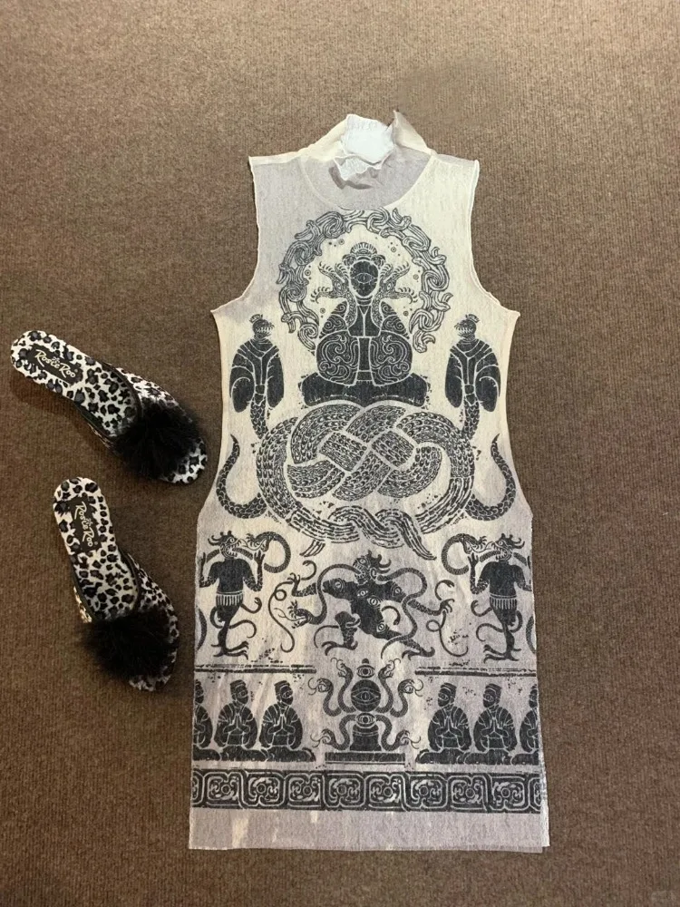 

Mesh Print O-neck Sleeveless Tops Mujer 2025 Summer New Mid-length Loose Tank Top Y2k Slim Fit All-match Vest for Women