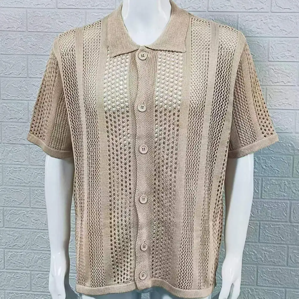 

Fashionable Men Shirt Knitted Men Shirt Men's Vintage Knitted Hollow Out Shirt Short Sleeve Lapel Button Down Casual for Work