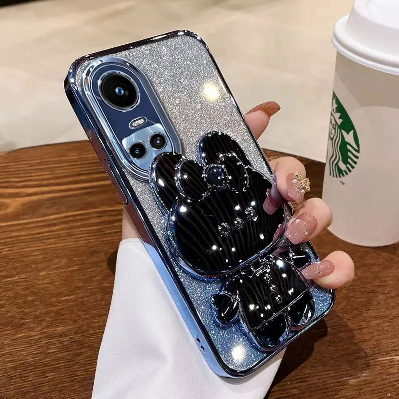 Luxury bracket Case For Reno10 5G Glitter Mirror Rabbit Holder Soft Case for OPPO Reno 10 Pro 5G Shockproof Cover Reno10pro