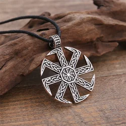 Skyrim Slav Taislman Kolovrat Sun Wheel Pendant Stainless Steel Wax Rope Necklace Vintage Talisman Jewelry Gift for Boy and Girl