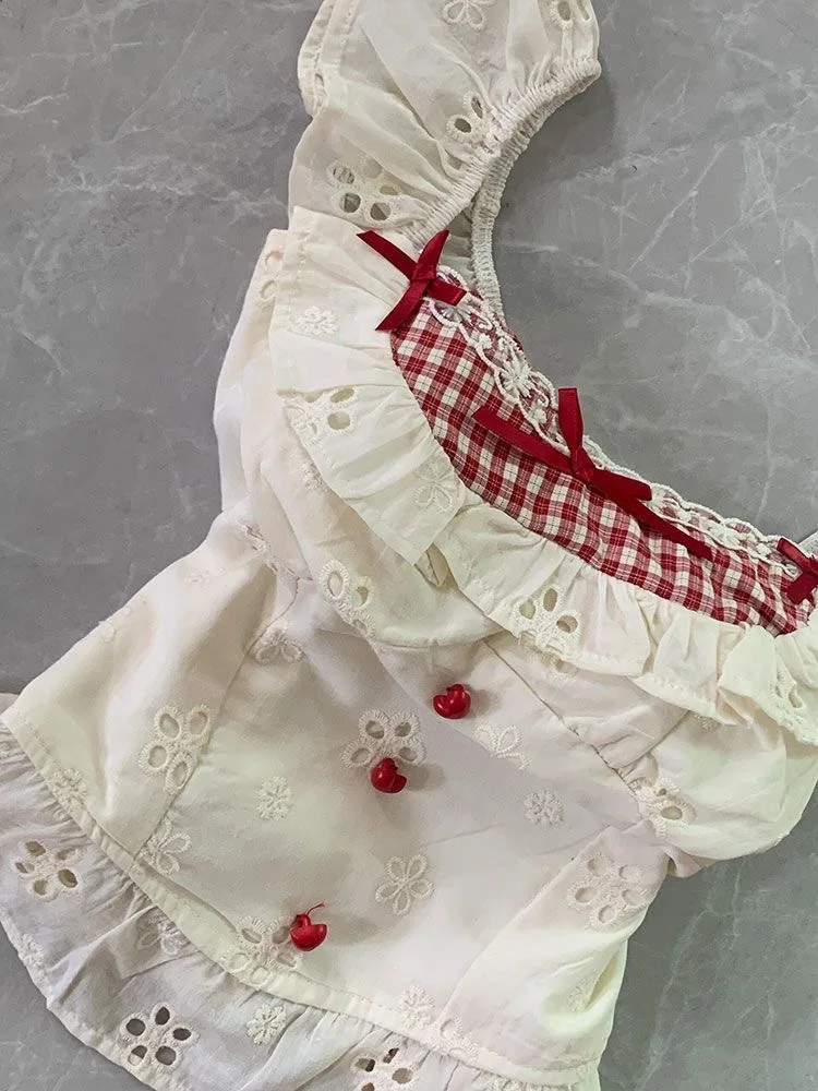 Ensemble deux pièces en Patchwork pour femmes, haut en dentelle à volants + Mini jupe plissée rouge, costume coréen Kawaii Design avec nœud, tenues mignonnes, été